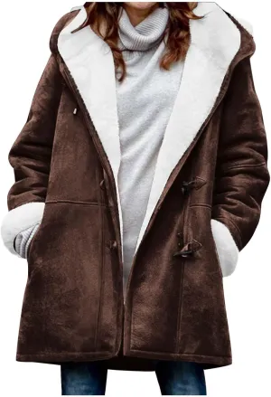 Plus Size Winter Coats for Women 2024 Warm Sherpa Fleece Lined Distressed Jackets Soft Long Sleeve Hooded Pocket Coat