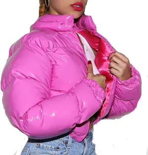 Puffer Jacket for Women Long Sleeve Y2K Full Zip Up Plain Short Down Coat Crop Length Casual Chunky Loose Fit Dowm Jacket