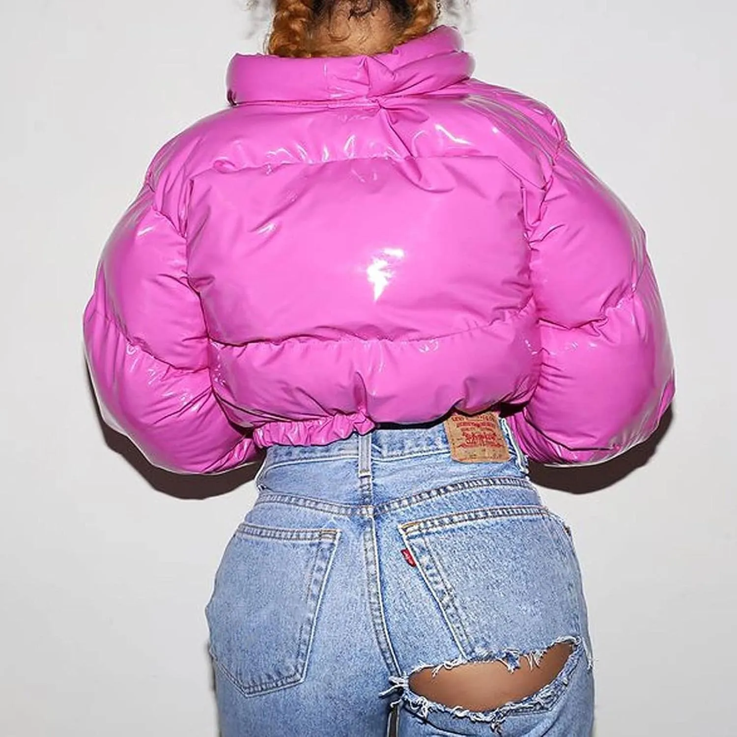 Puffer Jacket for Women Long Sleeve Y2K Full Zip Up Plain Short Down Coat Crop Length Casual Chunky Loose Fit Dowm Jacket