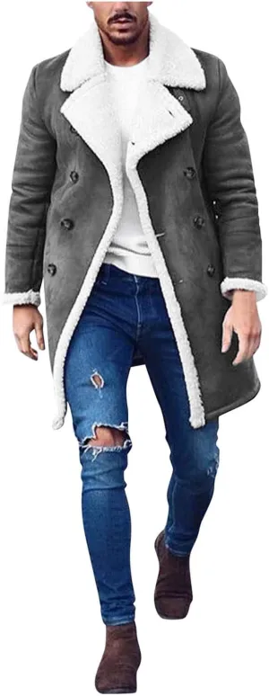 QWENTMTNTY Men Sherpa Lined Jacket Vintage Faux Fur Notched Lapel Shearling Trench Coat Thicken Winter Coats with Pockets