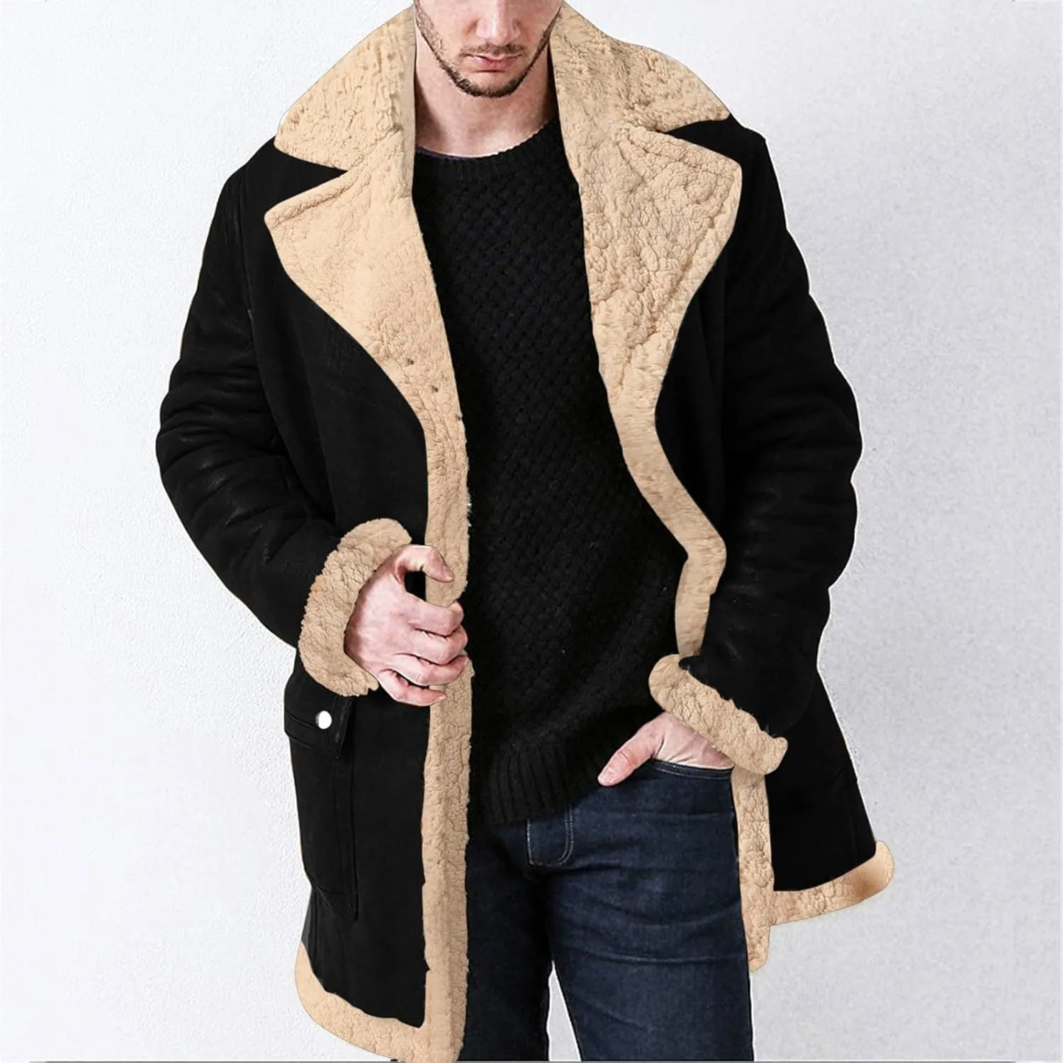 QWENTMTNTY Mens Faux Shearling Sherpa Jacket Heavyweight Winter Faux Sheepskin Long Trench Coat Casual Thicken Outerwear