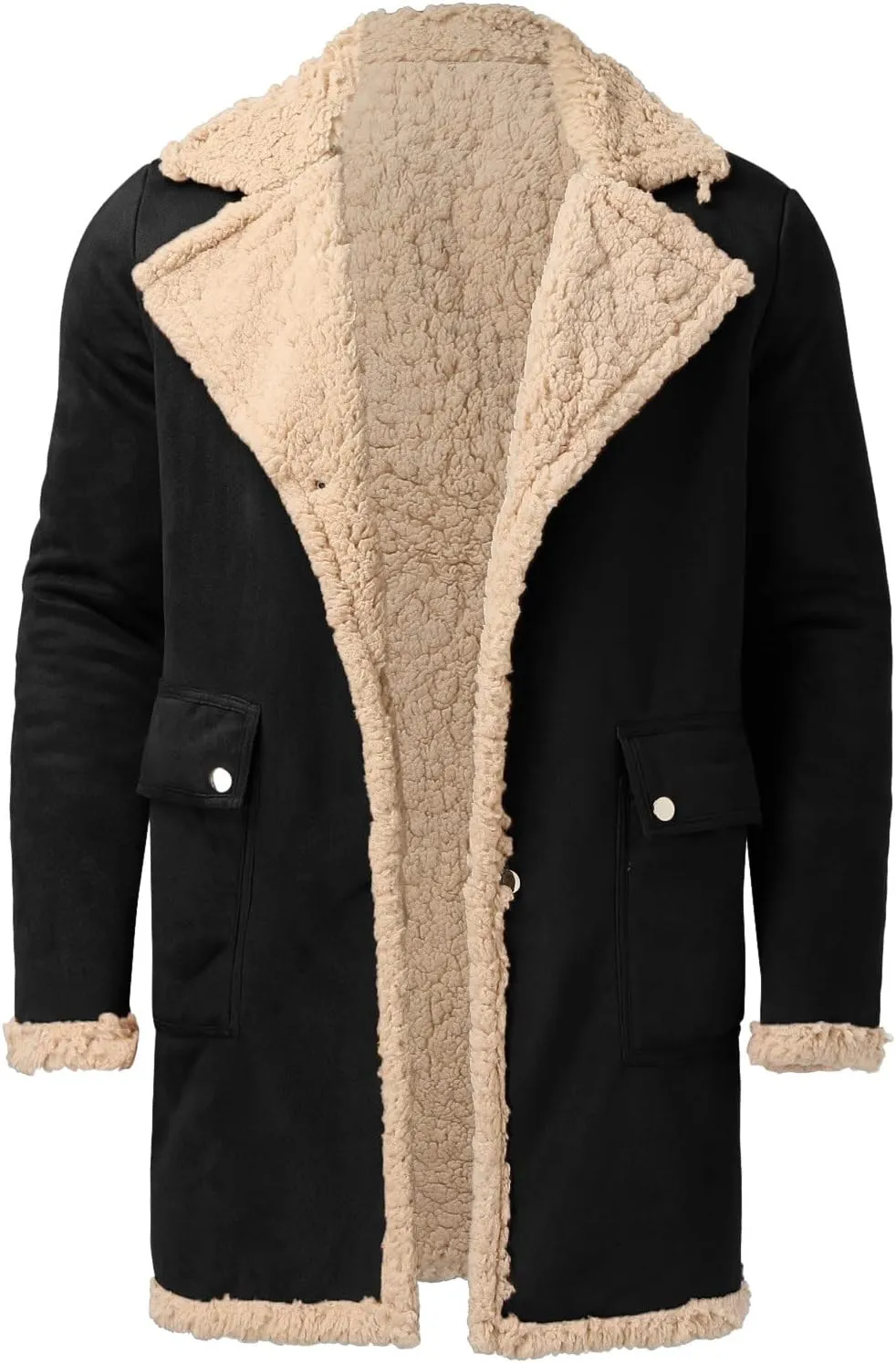 QWENTMTNTY Mens Faux Shearling Sherpa Jacket Heavyweight Winter Faux Sheepskin Long Trench Coat Casual Thicken Outerwear