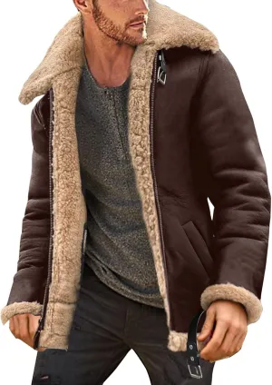 QWENTMTNTY Men's Sherpa Lined Faux Leather Jacket Vintage Heavyweight Shearing Winter Coats Plus Size Thicken Bomber Jacket