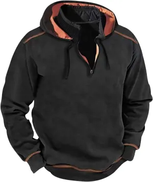Retro Style Windproof Hooded Sweatshirt, Outdoor Quarter Zip Tactical Jacket Coat, Winter Vintage Sweaters for Men
