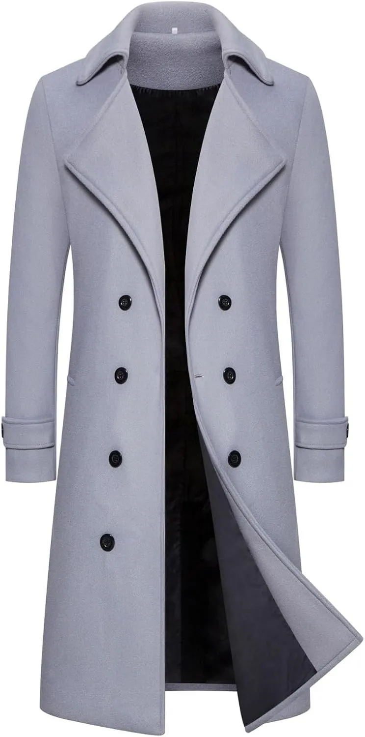 RTRDE Men's Winter Trench Coats Notched Lapel Double Breasted Long Jacket Overcoat Pea Coats Fashion, M-3XL