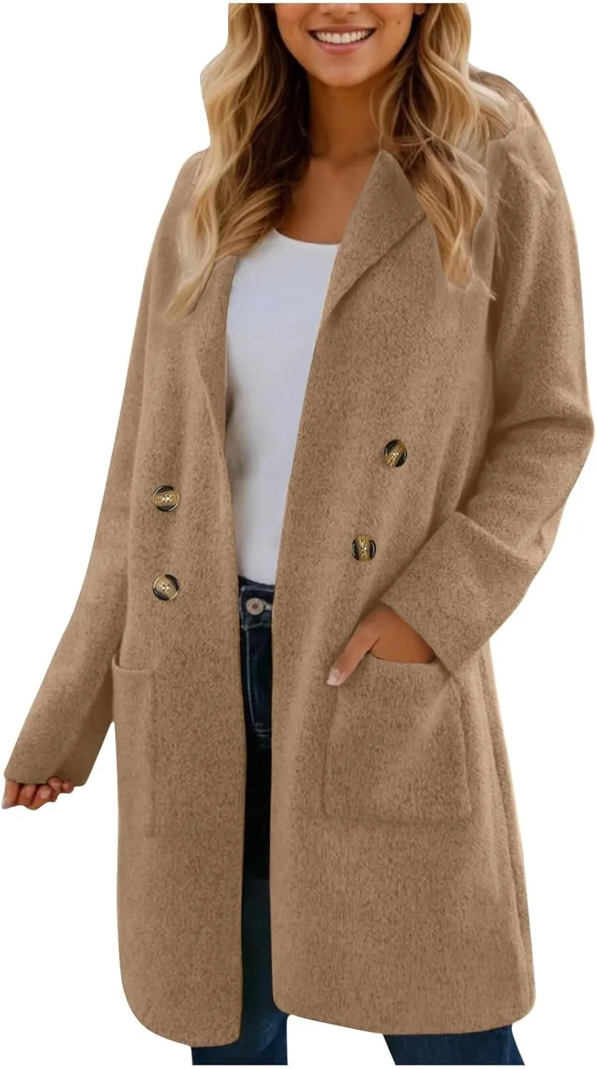 SEAOPEN Pea Coats for Women Thick Wool Trench Coat Long Double Breasted Peacoats Lapel Open Front Jacket with Pockets