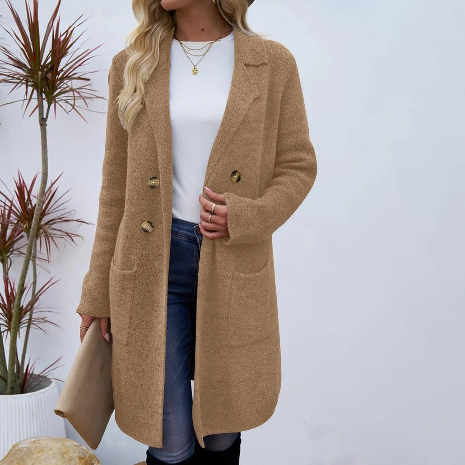 SEAOPEN Pea Coats for Women Thick Wool Trench Coat Long Double Breasted Peacoats Lapel Open Front Jacket with Pockets