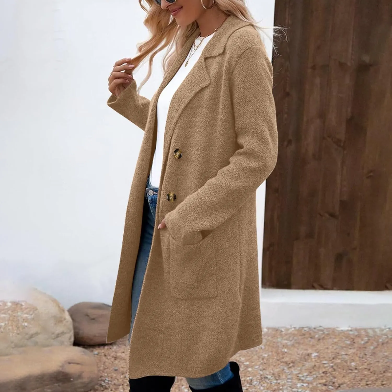 SEAOPEN Pea Coats for Women Thick Wool Trench Coat Long Double Breasted Peacoats Lapel Open Front Jacket with Pockets
