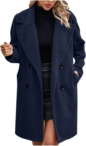 SEAOPEN Pea Coats for Women Winter Wool Coat Elegant Notch Lapel Trench Coat Warm Double Breasted Overcoat with Pockets