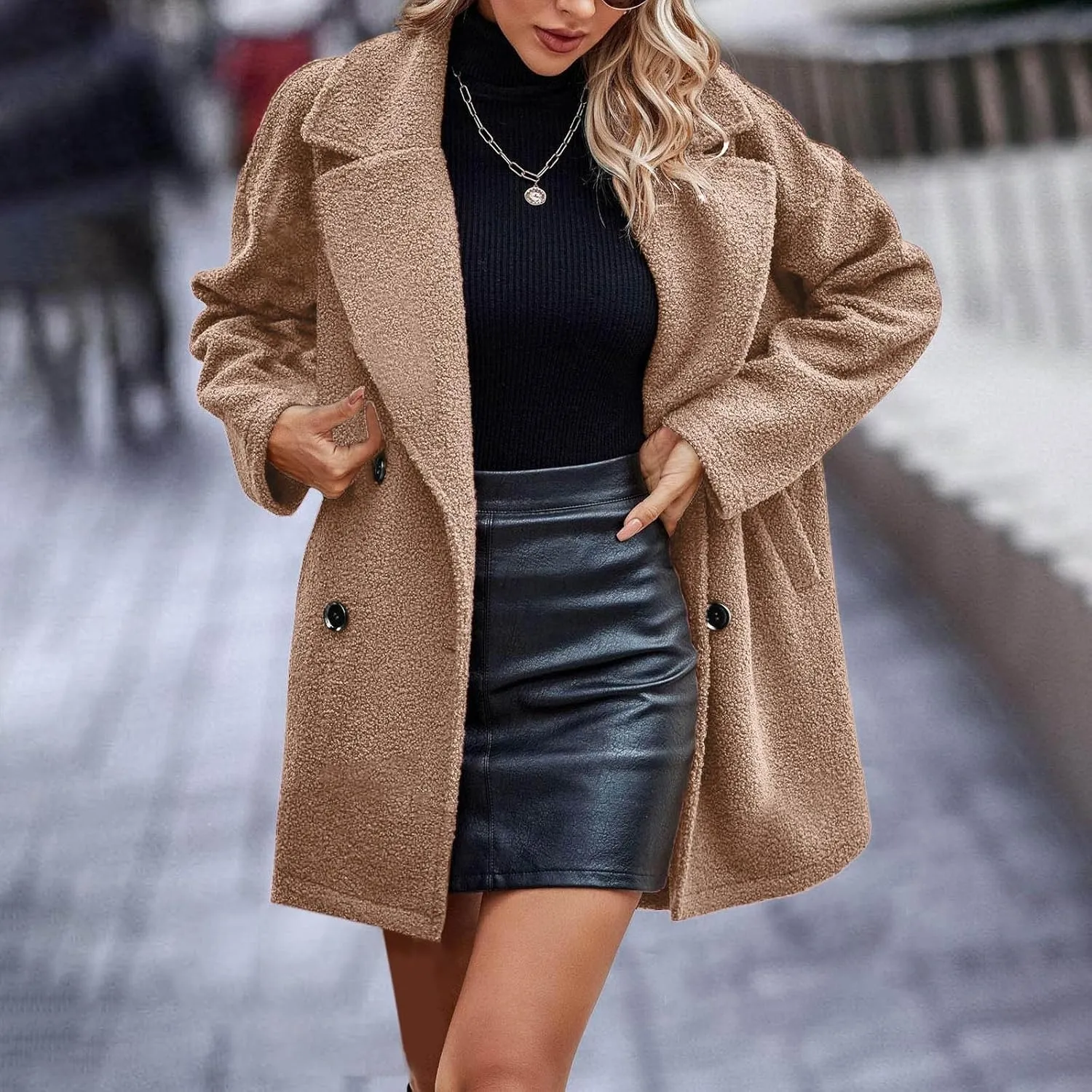 SEAOPEN Pea Coats for Women Winter Wool Coat Elegant Notch Lapel Trench Coat Warm Double Breasted Overcoat with Pockets
