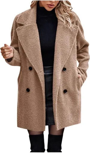 SEAOPEN Pea Coats for Women Winter Wool Coat Elegant Notch Lapel Trench Coat Warm Double Breasted Overcoat with Pockets