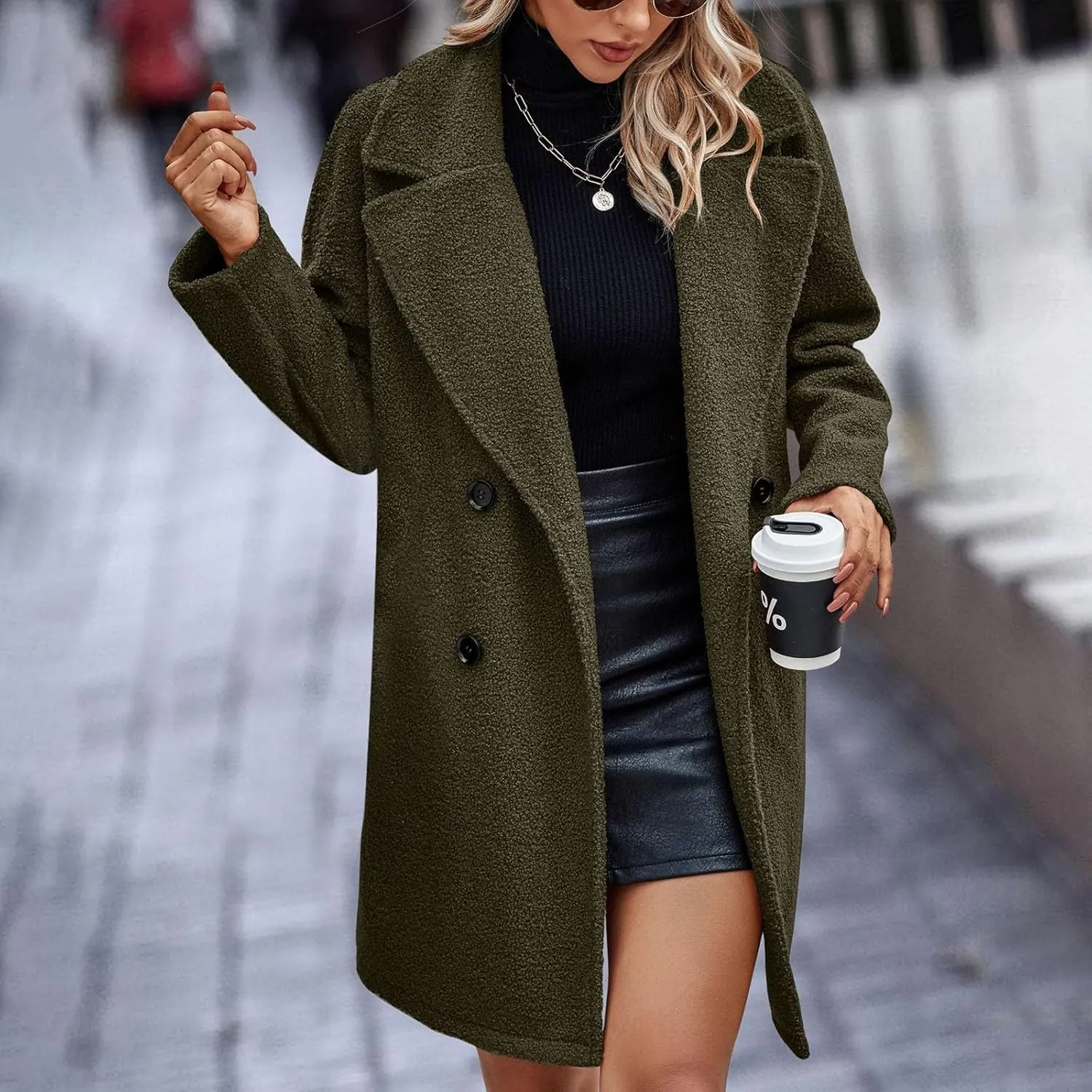 SEAOPEN Pea Coats for Women Winter Wool Coat Elegant Notch Lapel Trench Coat Warm Double Breasted Overcoat with Pockets