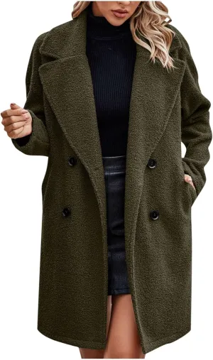 SEAOPEN Pea Coats for Women Winter Wool Coat Elegant Notch Lapel Trench Coat Warm Double Breasted Overcoat with Pockets