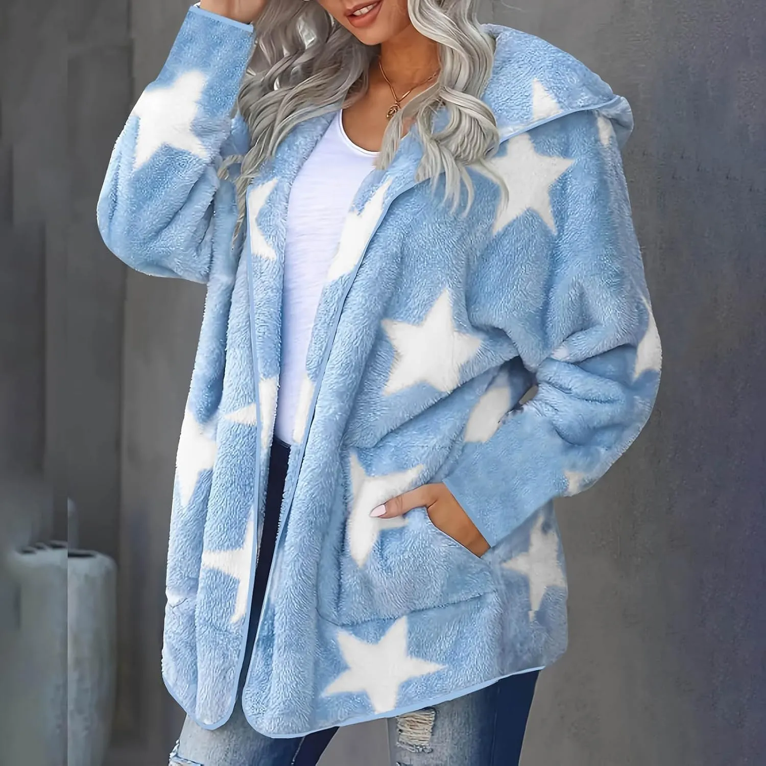 Sherpa Jacket Women Fuzzy Fleece Open Front Hooded Cardigan Cute Star Graphic Hoodie Fluffy Warm Winter Coats Outwear
