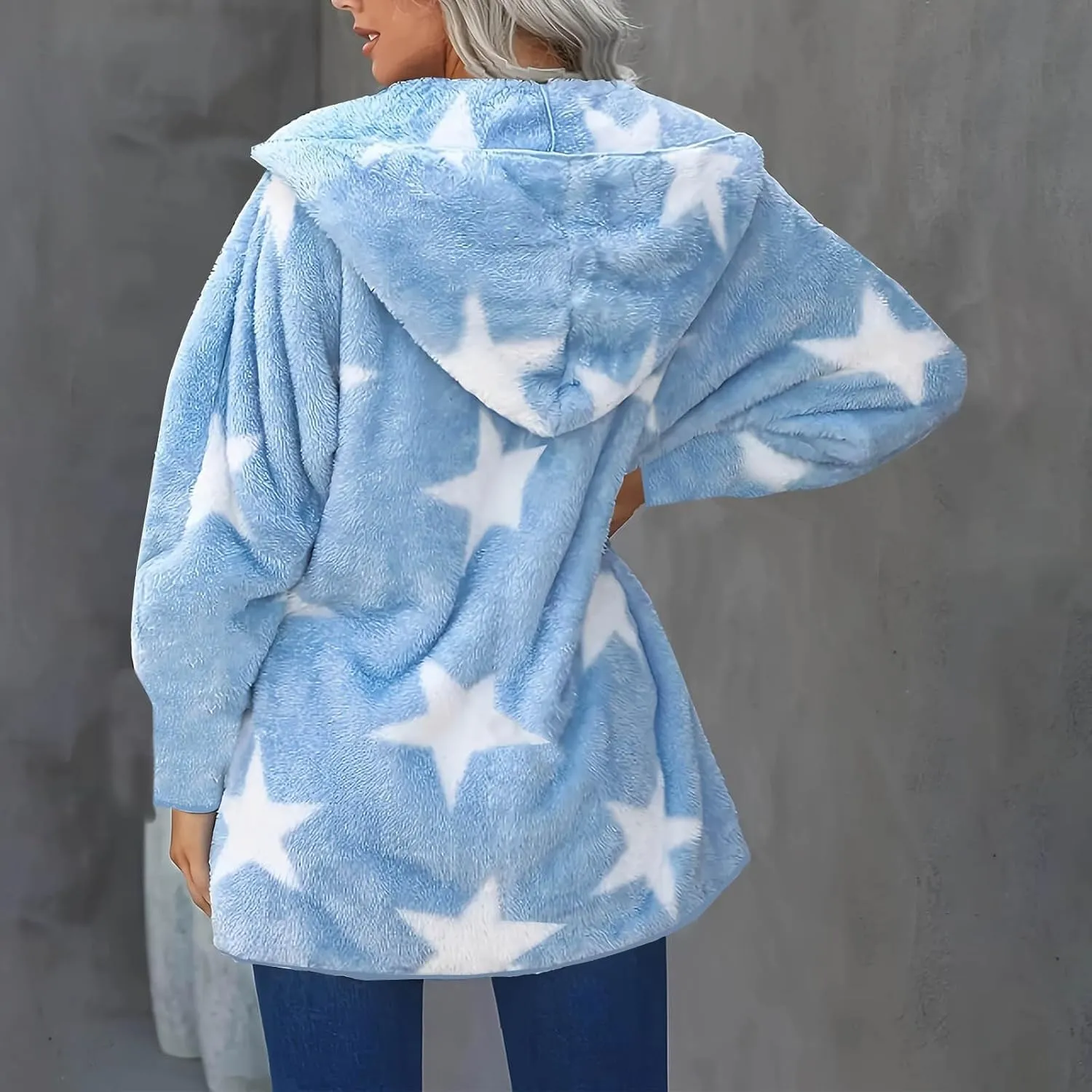 Sherpa Jacket Women Fuzzy Fleece Open Front Hooded Cardigan Cute Star Graphic Hoodie Fluffy Warm Winter Coats Outwear