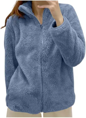 Sherpa Jacket Women Solid Color Fuzzy Zip Up Warm Plus Size Fleece Jacket Oversized Faux Fur Coat