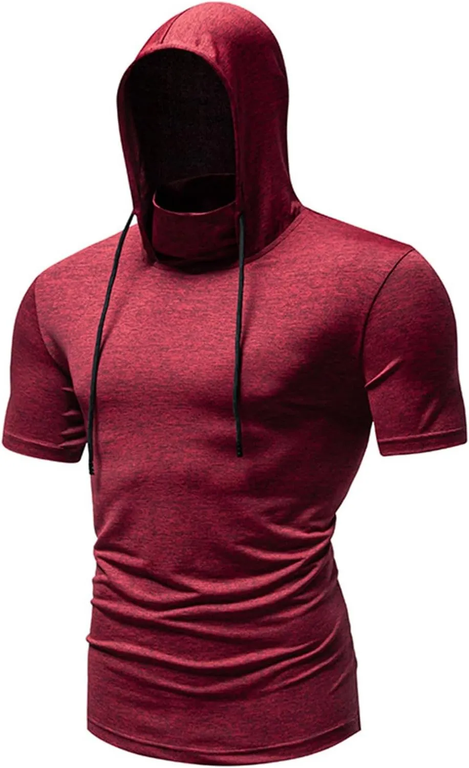Short Sleeve Hoodies for Men Shirts with Face_mask Turtleneck Muscle Tshirt Fitness Casual Lightweight Slim Fit Tops