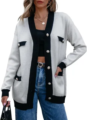 Sidefeel Women's Cardigan Sweaters Open Front Button Down Plaid Chunky Knit Jackets with Pockets