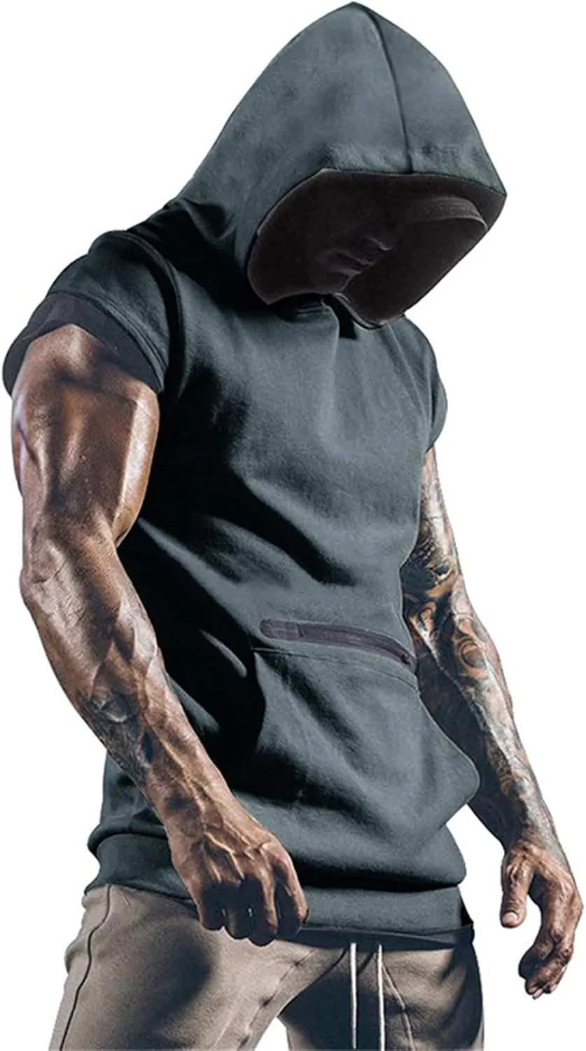 Sleeveless Hoodies for Men Workout Hooded Tank Tops Bodybuilding Muscle Cut Off T Shirt Gym Training Hoodies Shirts