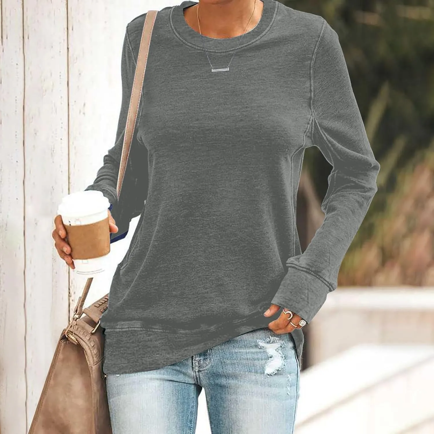 Solid Color Sweatshirt for Women Casual Loose Crewneck Long Sleeve Lightweight Jogger Workout Hoodie Fall Pullover Top