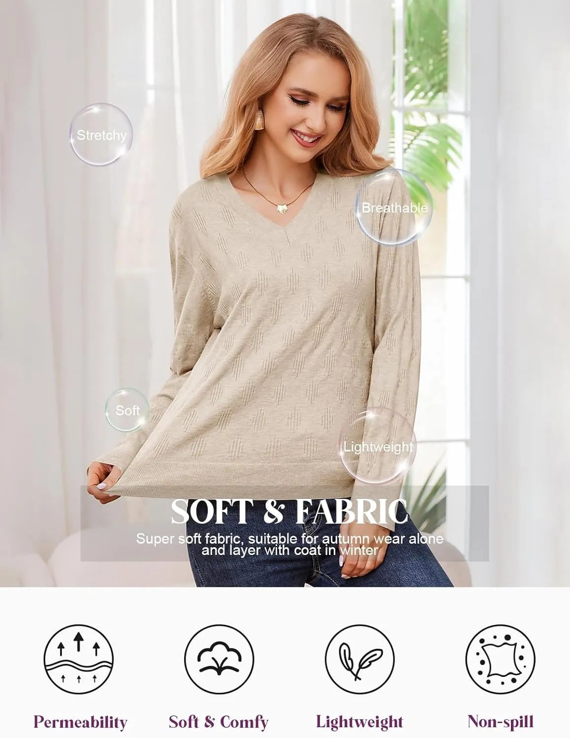 Sweaters for Women 2025 Spring Long Sleeve Lightweight Oversized Casual Classic V Neck Fashion Pullover Sweaters