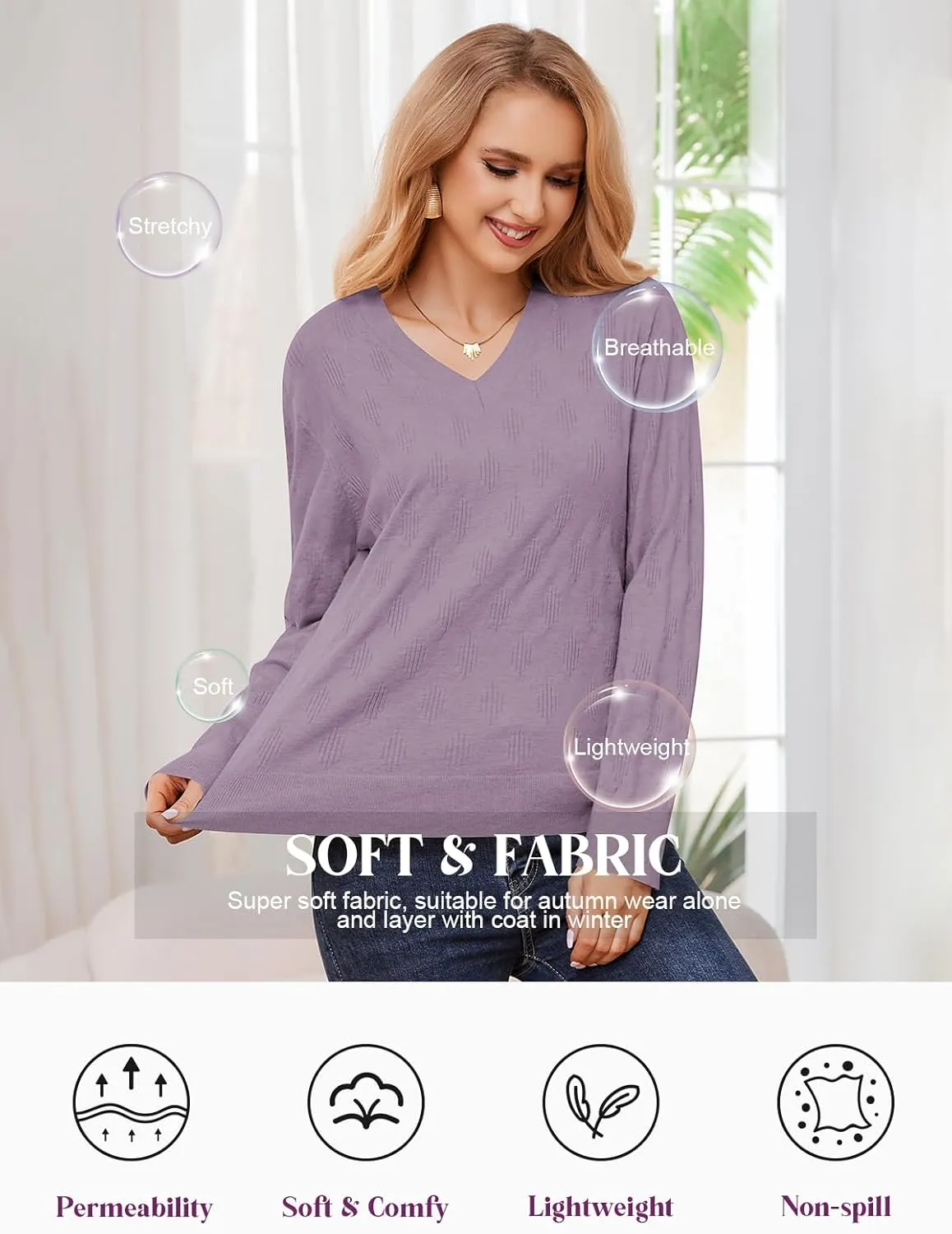 Sweaters for Women 2025 Spring Long Sleeve Lightweight Oversized Casual Classic V Neck Fashion Pullover Sweaters