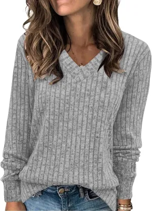 Sweaters for Women Long Sleeve V Neck Shirt Casual Lightweight Pullover Knitted Loose Tunic Tops Comfy Warm Top