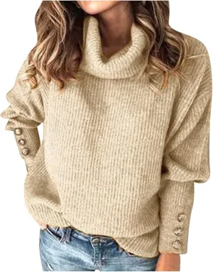 Sweaters for Women Plus Size Solid Turtleneck Oversized Lightweight Knit Lantern Sleeve Sweaters Pullover Blouses Women's Pullover Sweaters,Khaki,L