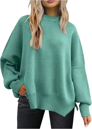 Sweaters for Women Side Slit Trendy Long Sleeve Half Turtleneck Pullover Oversized Lantern Knit Sweater Tops