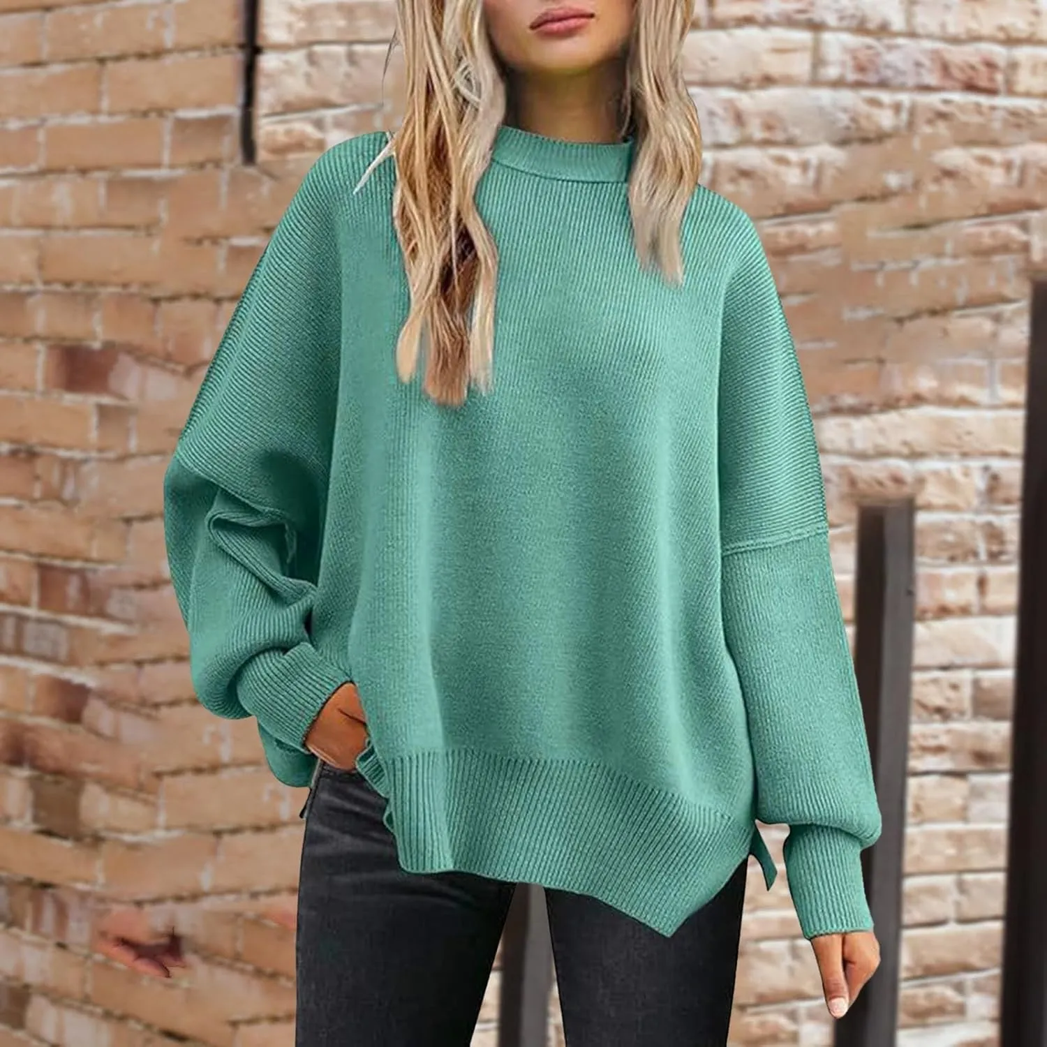 Sweaters for Women Side Slit Trendy Long Sleeve Half Turtleneck Pullover Oversized Lantern Knit Sweater Tops