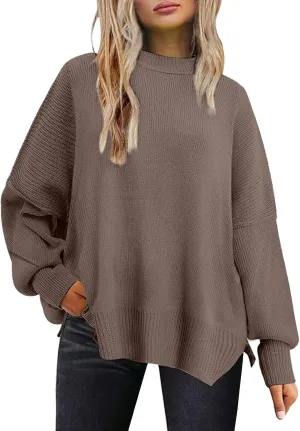 Sweaters for Women Side Slit Trendy Long Sleeve Half Turtleneck Pullover Oversized Lantern Knit Sweater Tops