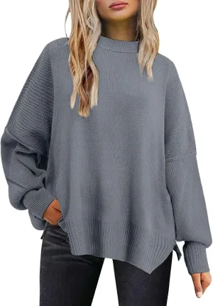 Sweaters for Women Side Slit Trendy Long Sleeve Half Turtleneck Pullover Oversized Lantern Knit Sweater Tops