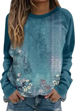 Sweatshirts for Women Crewneck Long Sleeve Vintage Sweatshirt Floral Print Oversized Basics Clothes Clothing