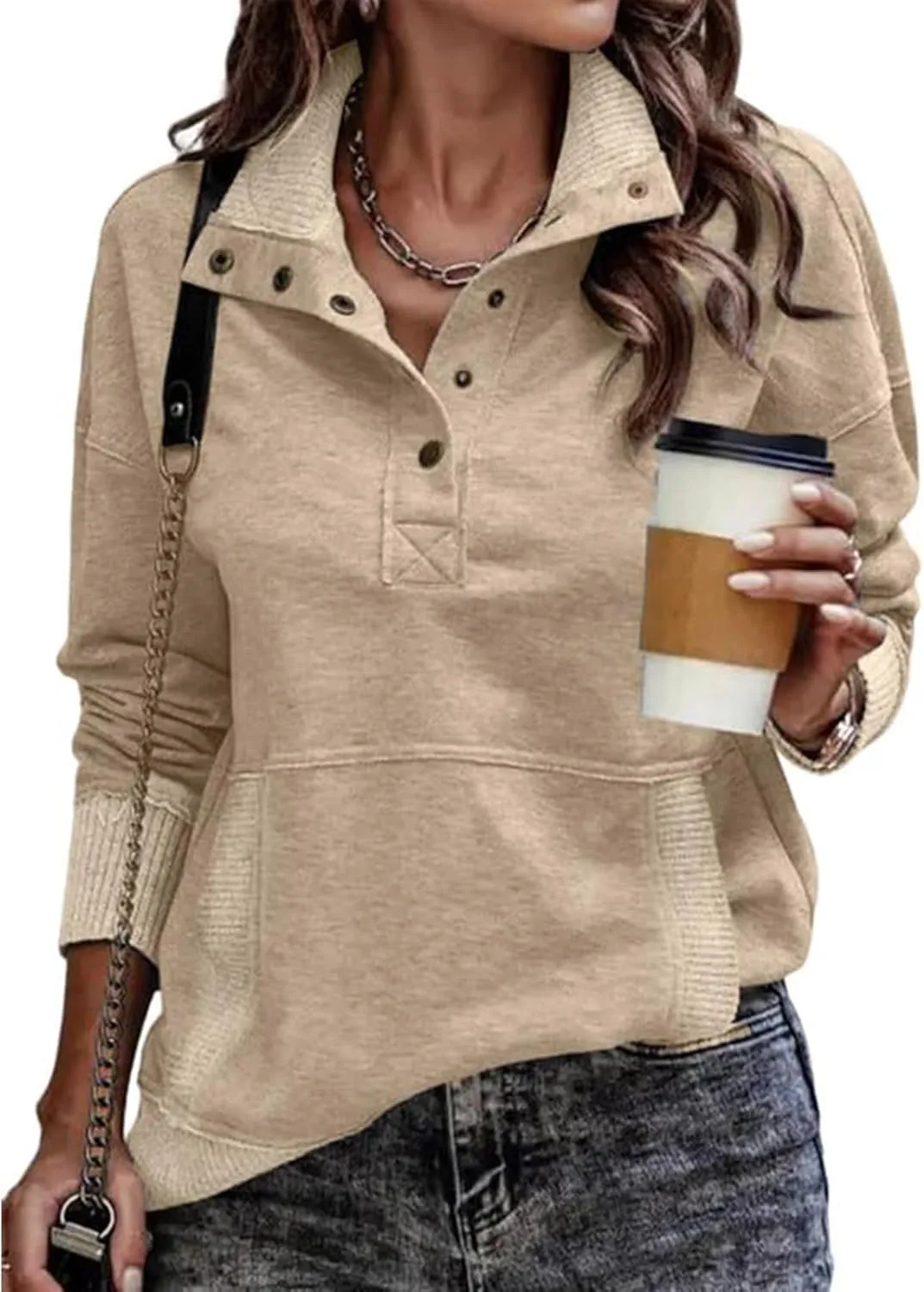 Sweatshirts for Women Trendy Casual V Neck Long Sleeve Sweatshirt Oversized Button Pullover Tops