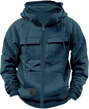 Tactical Cargo Hoodies for Men Multi Pockets Full Zip Hooded Sweatshirt Long Sleeve Drawstring Hiking Hooded Jackets