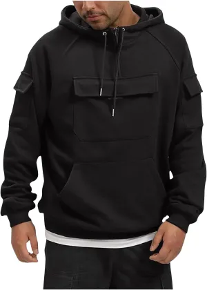 Tactical Hoodies For Men 1/4 Zip Sweatshirt Sweater Vintage Workout Pullover Casual Loose Cargo Multipocket Shirt Top