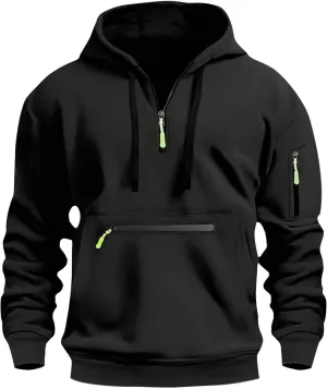 Tactical Hoodies for Men Comfy Quarter Zip Pullover with Multi Pockets Vintage Fleece Drawstring Hooded Sweatshirt