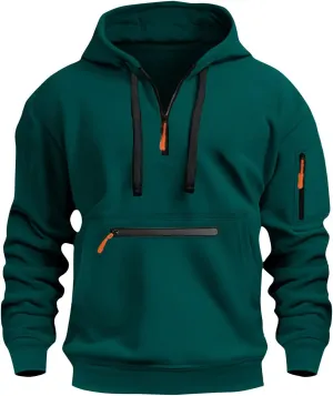 Tactical Hoodies for Men Comfy Quarter Zip Pullover with Multi Pockets Vintage Fleece Drawstring Hooded Sweatshirt
