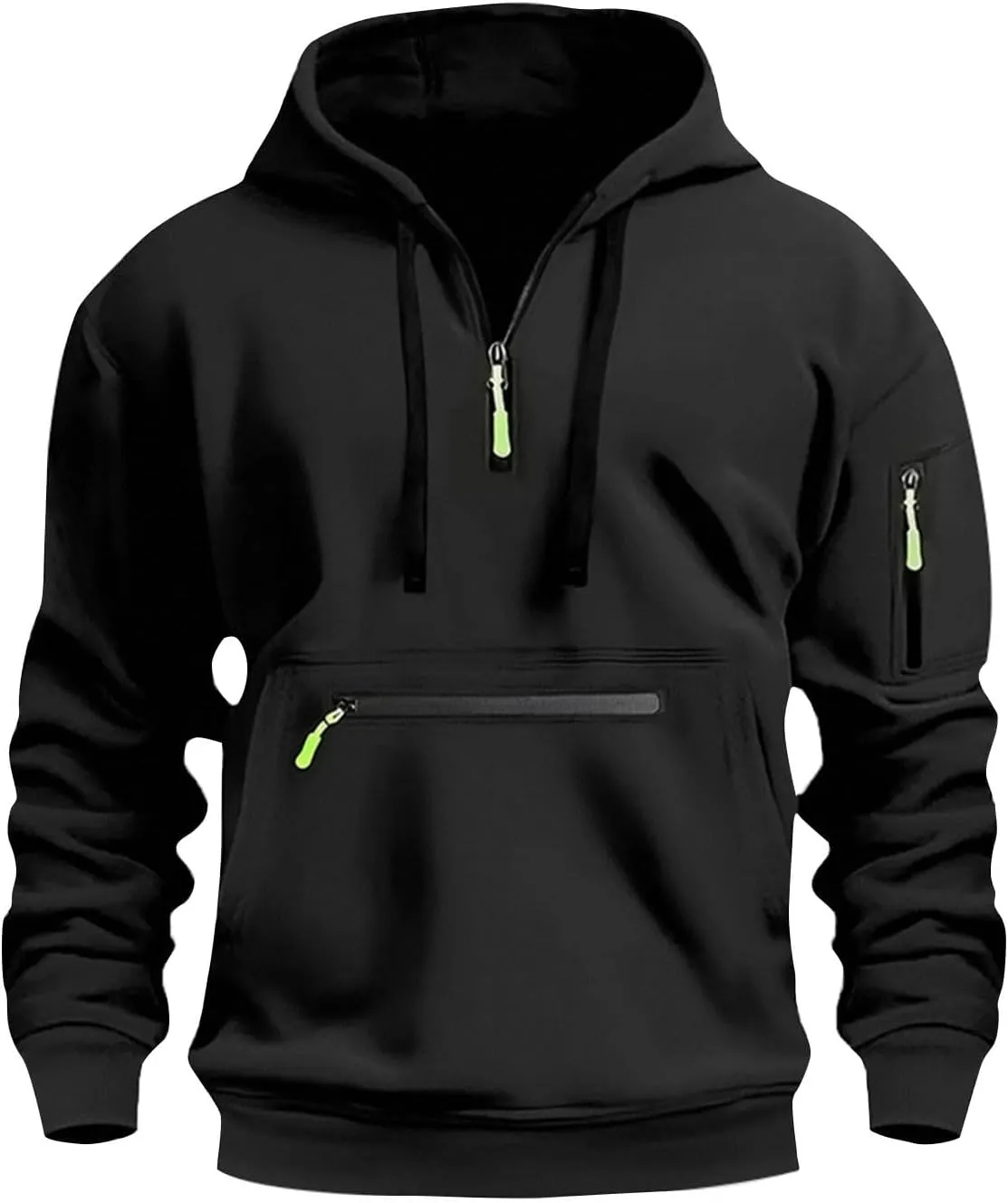 Tactical Hoodies for Men Comfy Quarter Zip Pullover with Multi Pockets Vintage Fleece Drawstring Hooded Sweatshirt