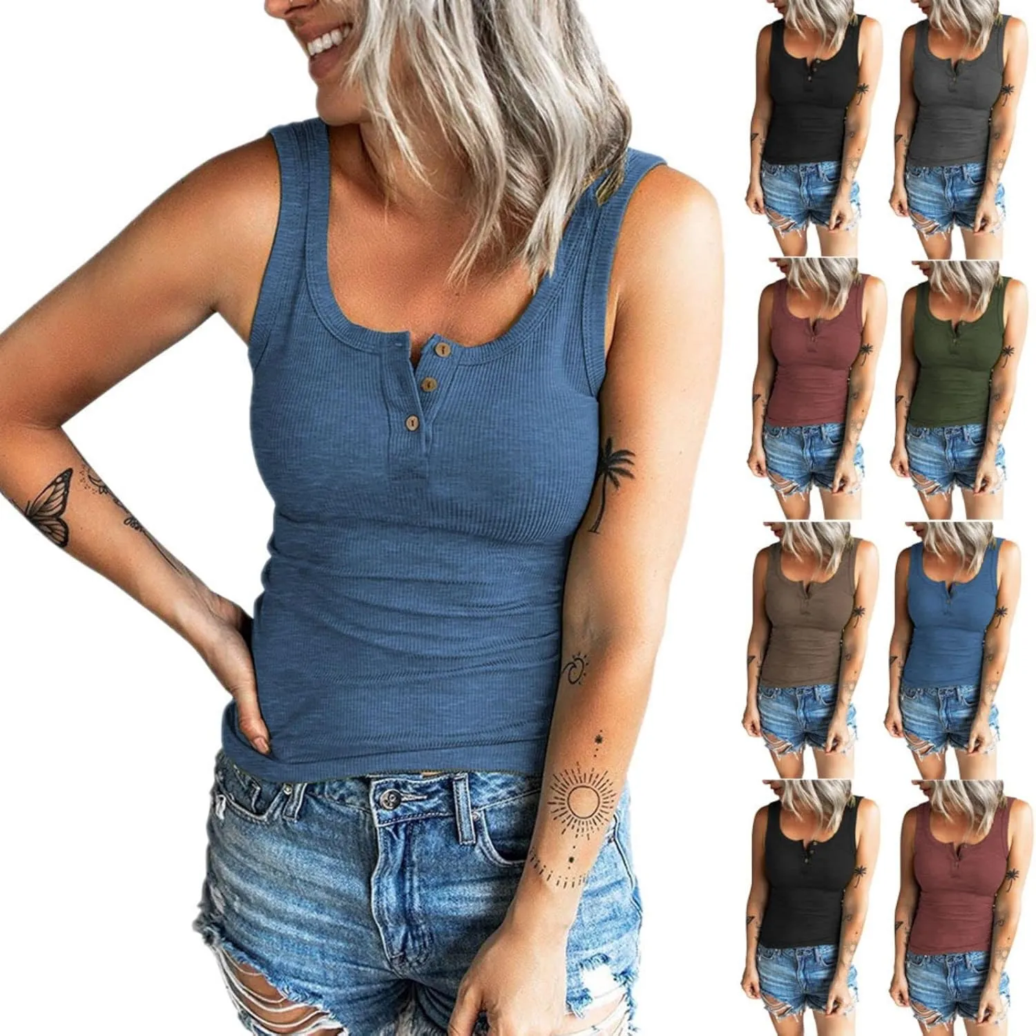 Tank Tops for Women Ribbed Summer V Neck Button Down T Shirts Trendy Slim Fit Henley Button Down Blouses Tee