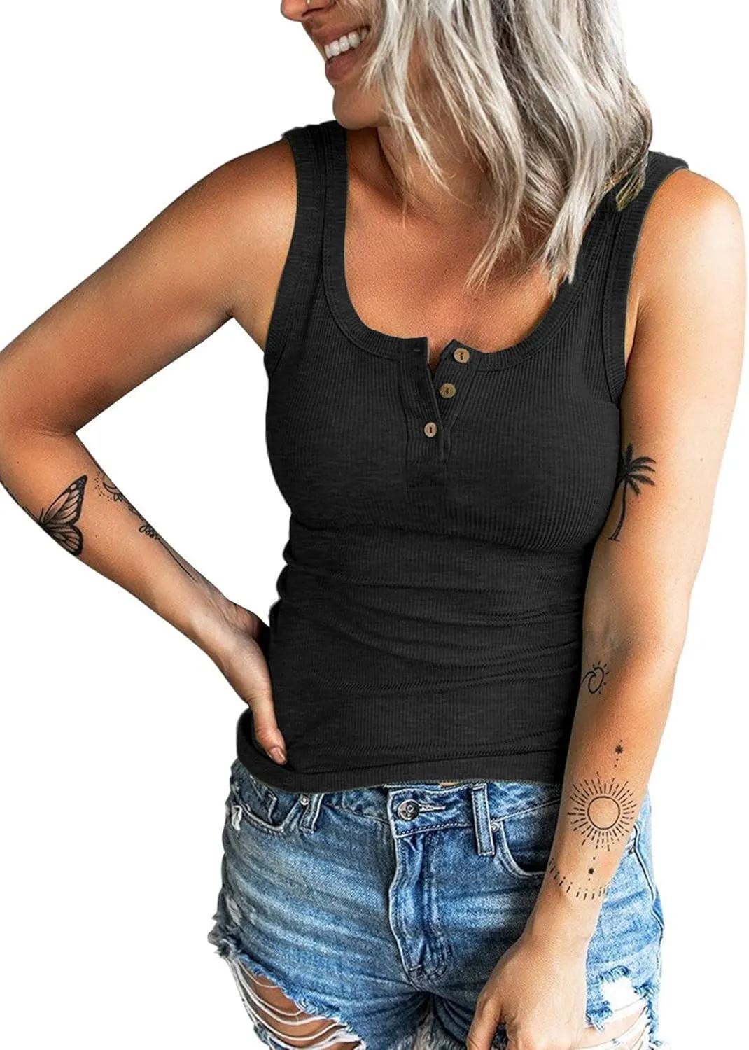 Tank Tops for Women Ribbed Summer V Neck Button Down T Shirts Trendy Slim Fit Henley Button Down Blouses Tee
