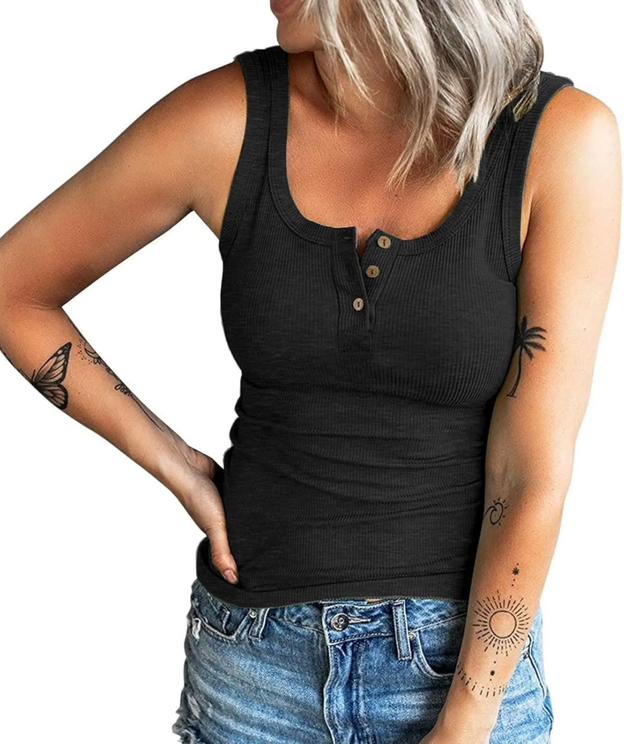 Tank Tops for Women Ribbed Summer V Neck Button Down T Shirts Trendy Slim Fit Henley Button Down Blouses Tee