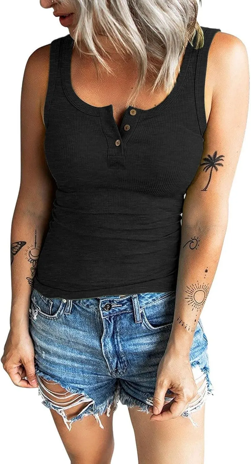 Tank Tops for Women Ribbed Summer V Neck Button Down T Shirts Trendy Slim Fit Henley Button Down Blouses Tee