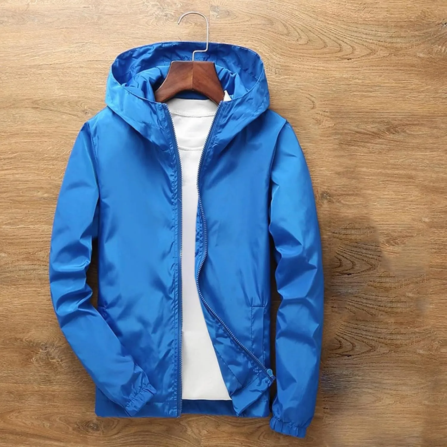 Thin Hooded Jacket for Mens Soft Shell Windproof Waterproof Hiking Coats Zipper Long Sleeve Casual Outwear Plus Size