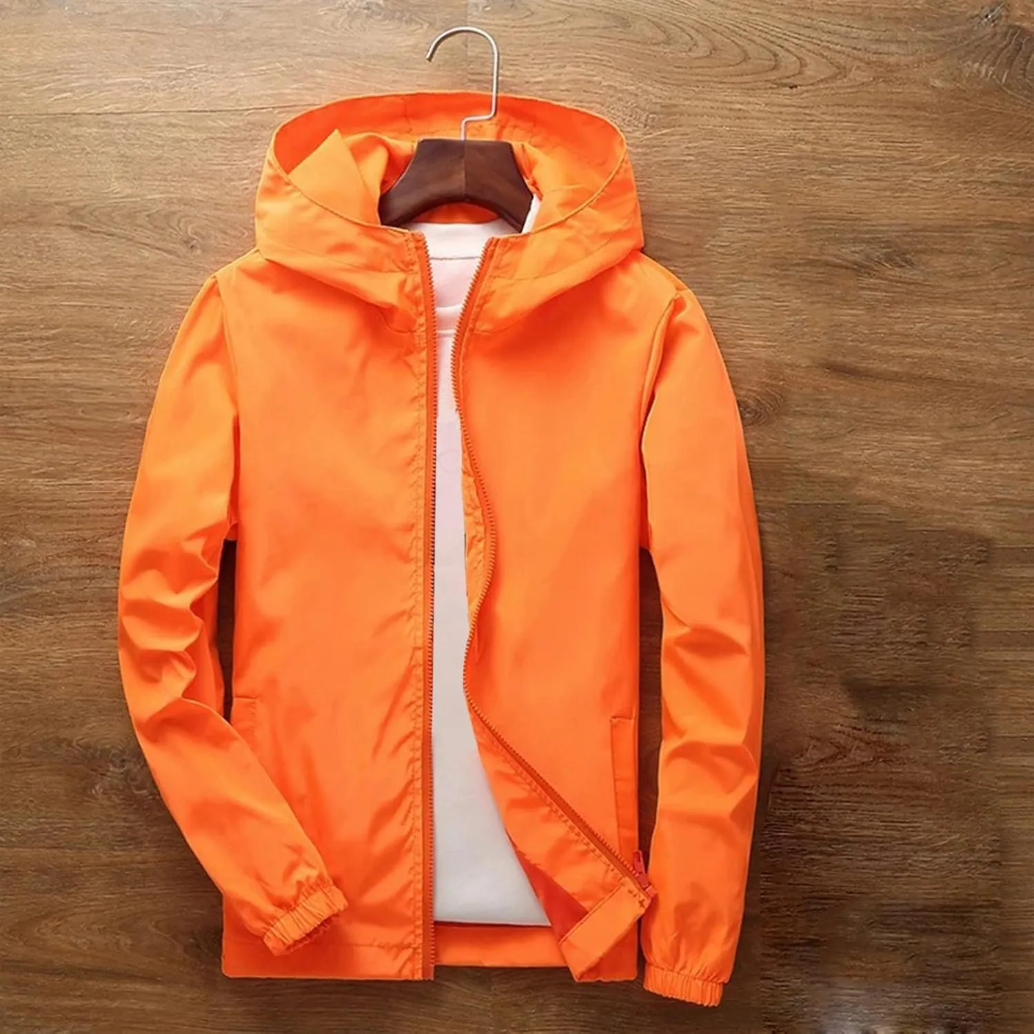 Thin Hooded Jacket for Mens Soft Shell Windproof Waterproof Hiking Coats Zipper Long Sleeve Casual Outwear Plus Size
