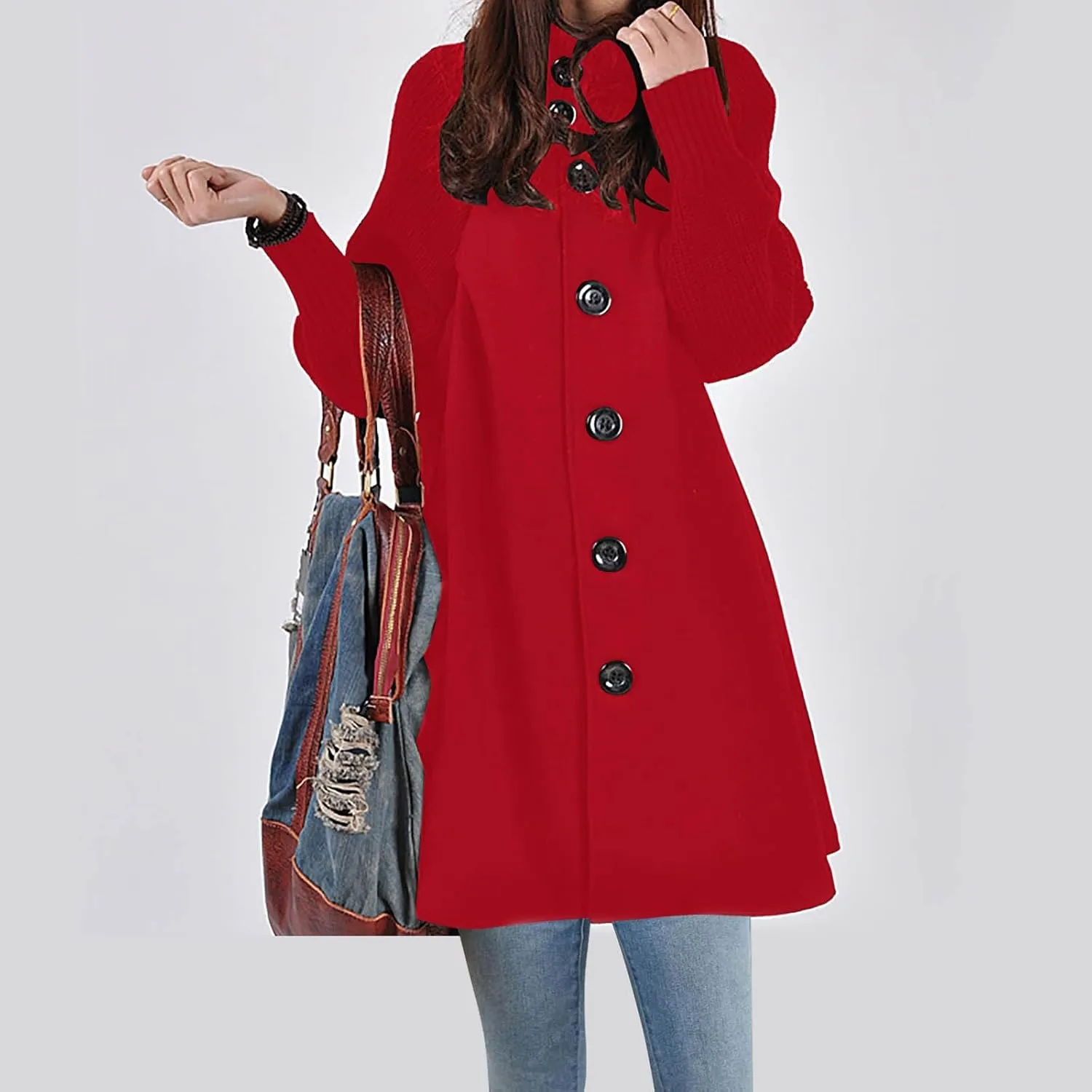 Trench Coat For Women 2024 Mid Length Fashion Button Down Long Sleeve Loose Pea Coat Solid Color Casual Winter Coat