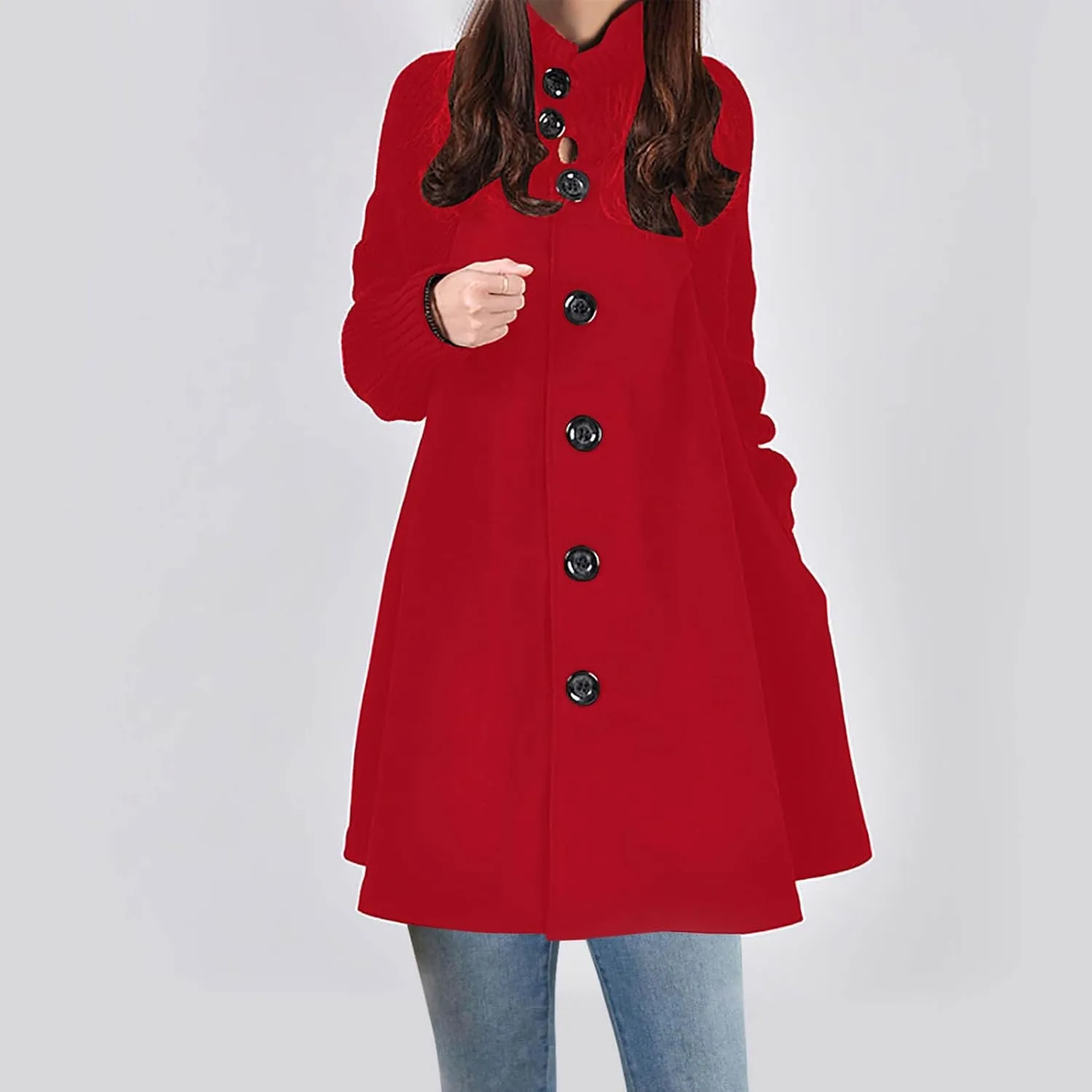 Trench Coat For Women 2024 Mid Length Fashion Button Down Long Sleeve Loose Pea Coat Solid Color Casual Winter Coat