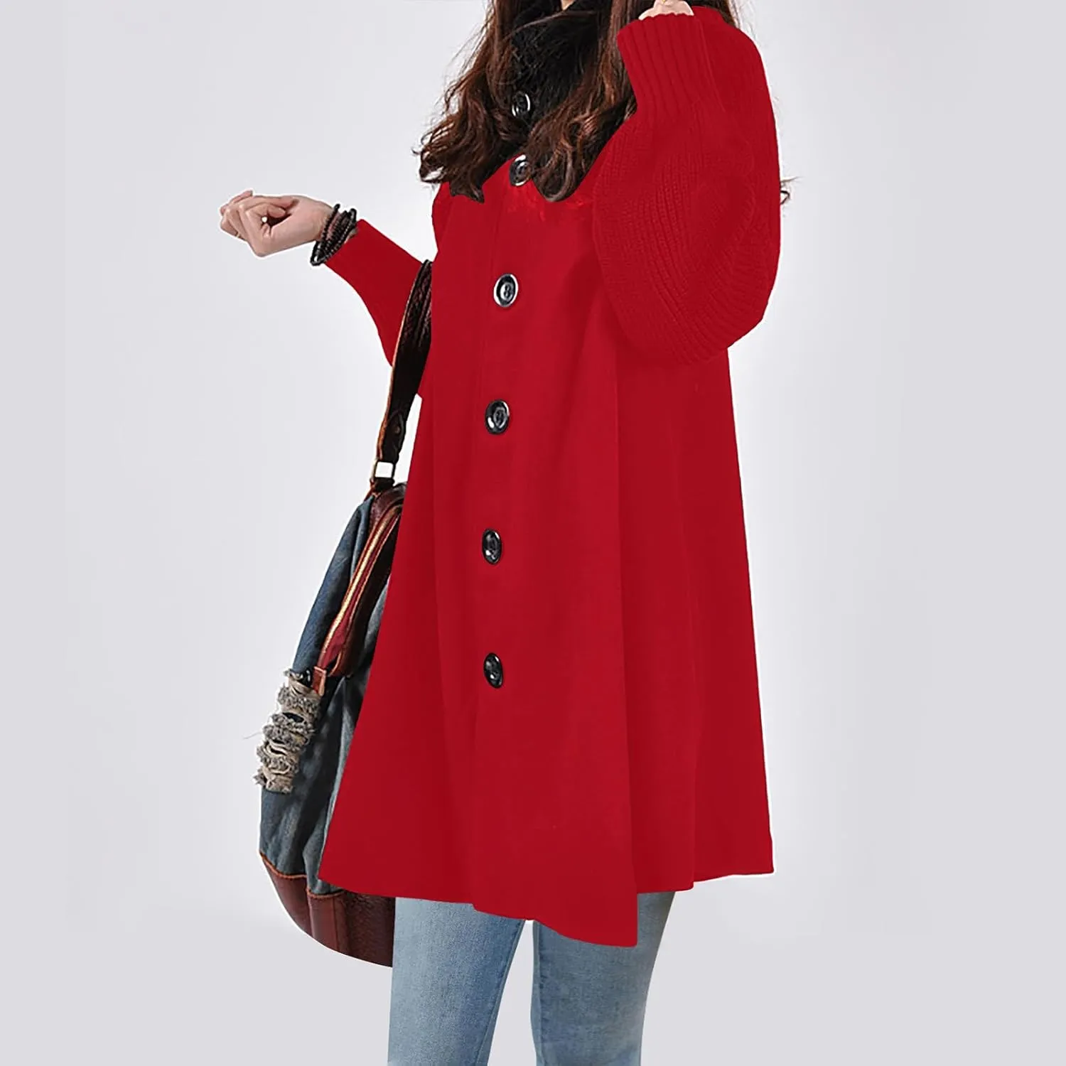 Trench Coat For Women 2024 Mid Length Fashion Button Down Long Sleeve Loose Pea Coat Solid Color Casual Winter Coat