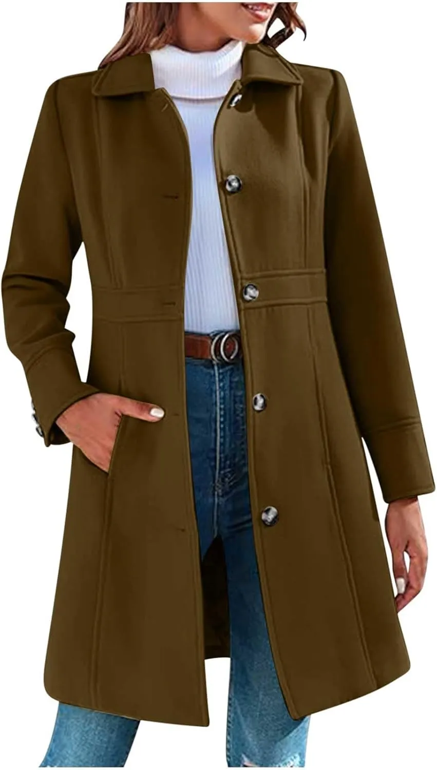 Trench Coat for Women 2024 Single Breasted Pea Coat Wool Blend Long Coat Casual Office Jacket Falll Winter Outfits