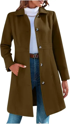 Trench Coat for Women 2024 Single Breasted Pea Coat Wool Blend Long Coat Casual Office Jacket Falll Winter Outfits